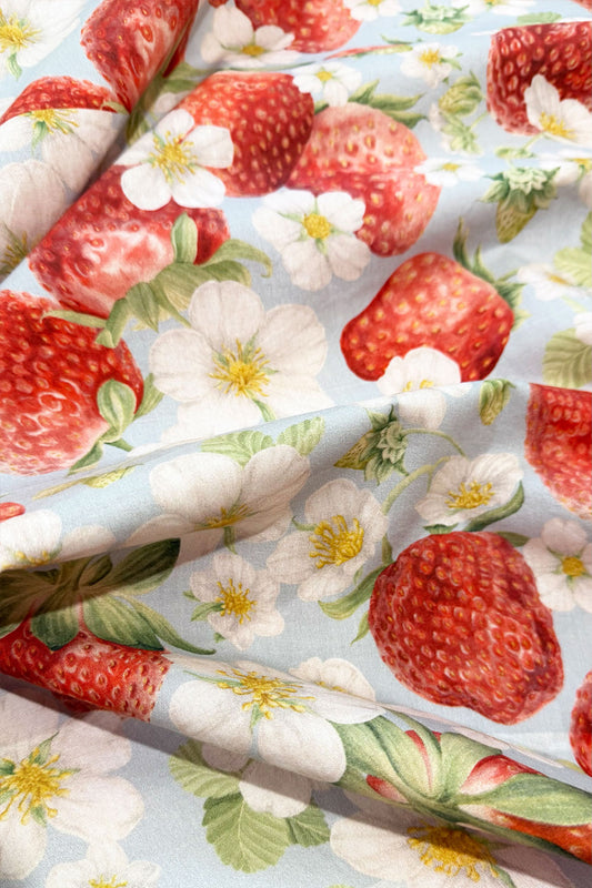 PRE-SALE Strawberry Fields | Sky Blue | 100% Cotton Percale Fabric
