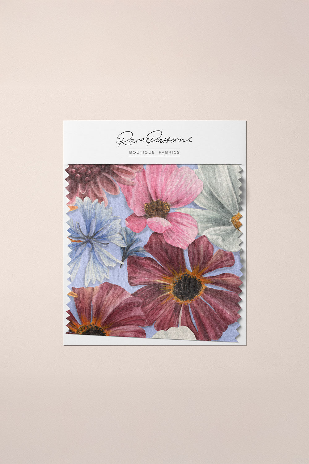 Floral patterned fabric swatch with 'Rare Patterns' branding on a neutral background