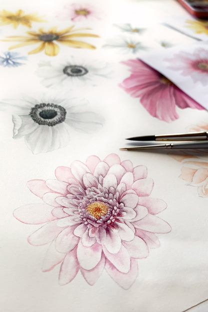 Floral watercolor painting with a brush on a white background