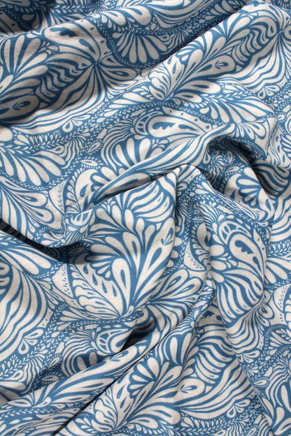 Close-up of blue and white patterned fabric