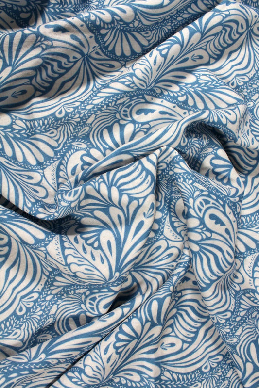 Close-up of blue and white patterned fabric